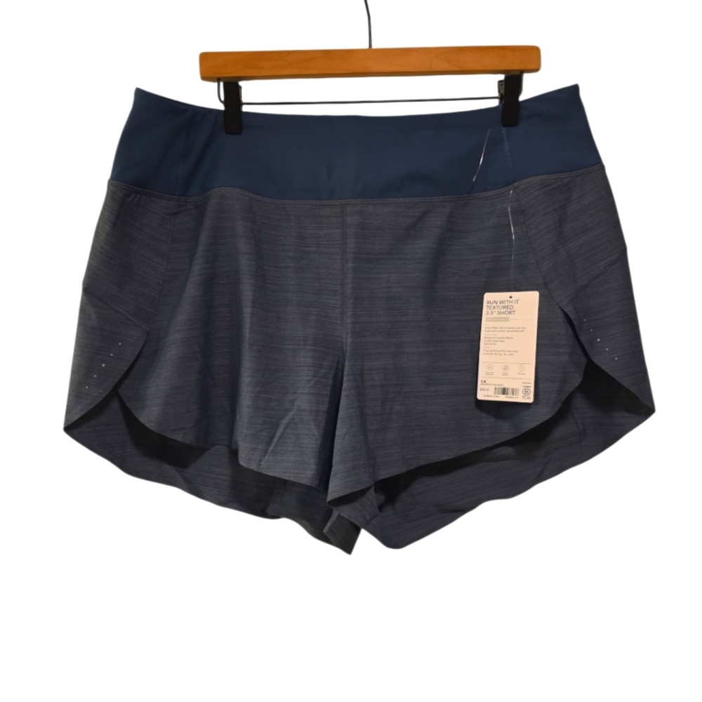 Athleta, NWT, Run With It Textured 3.5" Short, Dark Gray + Dark Turquoise, W 1X,